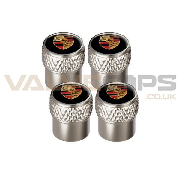 Porsche Knurled Chrome Tyre Valve Caps With Metallic Logo