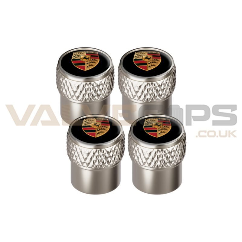 Porsche Knurled Chrome Tyre Valve Caps With Metallic Logo