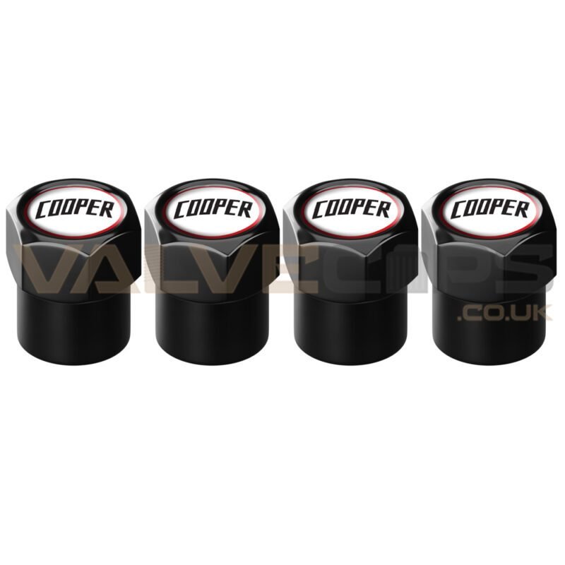 This image shows a set of four Cooper Black Anodised Valve Caps