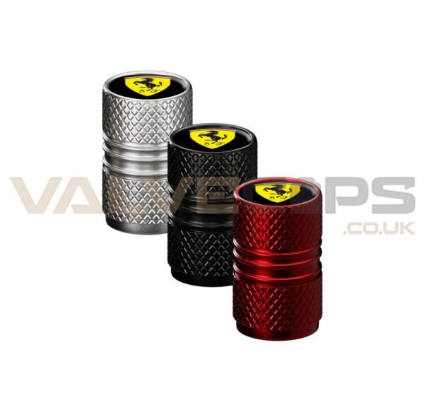 This image contains three individual Ferrari Sport Design valve caps in 3 available anodised colours - silver, black and red.
