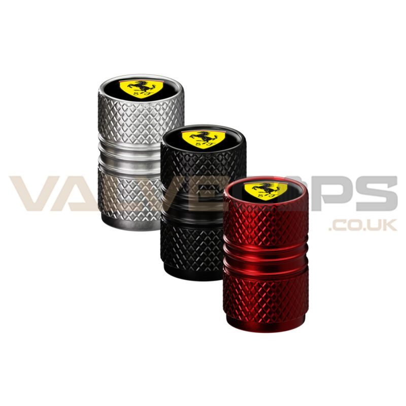 This image contains three individual Ferrari Sport Design valve caps in 3 available anodised colours - silver, black and red.