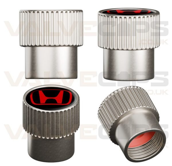 An image showing a silver fluted Honda tyre valve cap from different angles