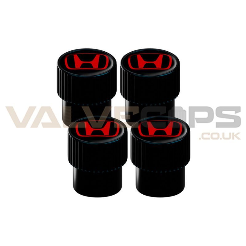 A set of 4 black fluted tyre valve caps with the red Honda logo