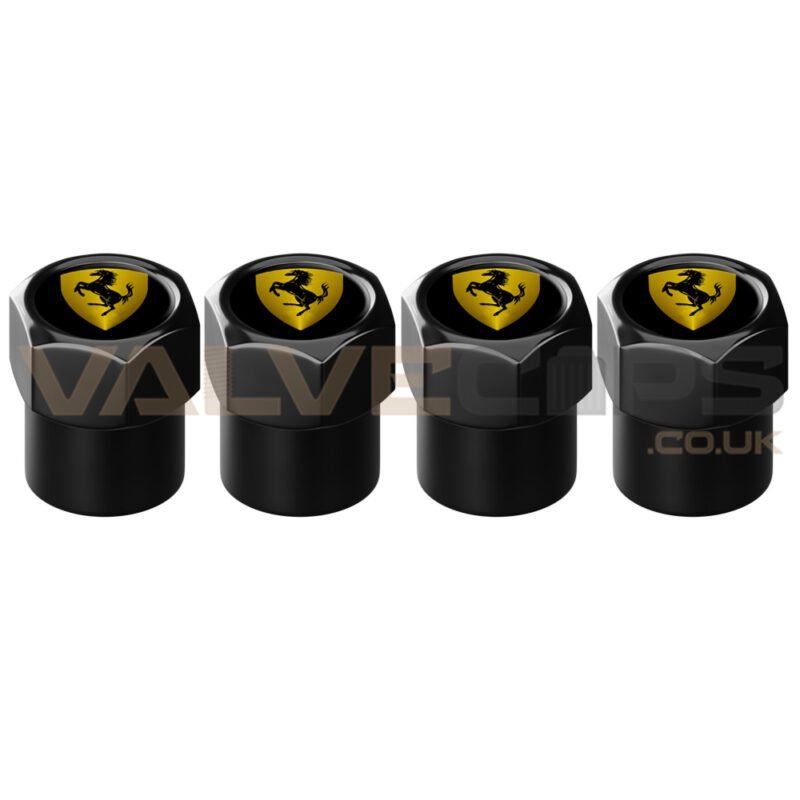 An image showing a set of four black Ferrari metallic logo valve caps