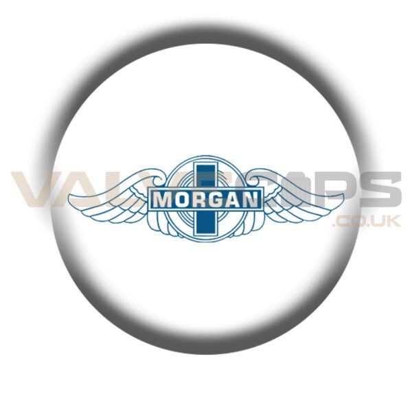An image showing a Morgan cars valve cap badge in white with blue Morgan logo