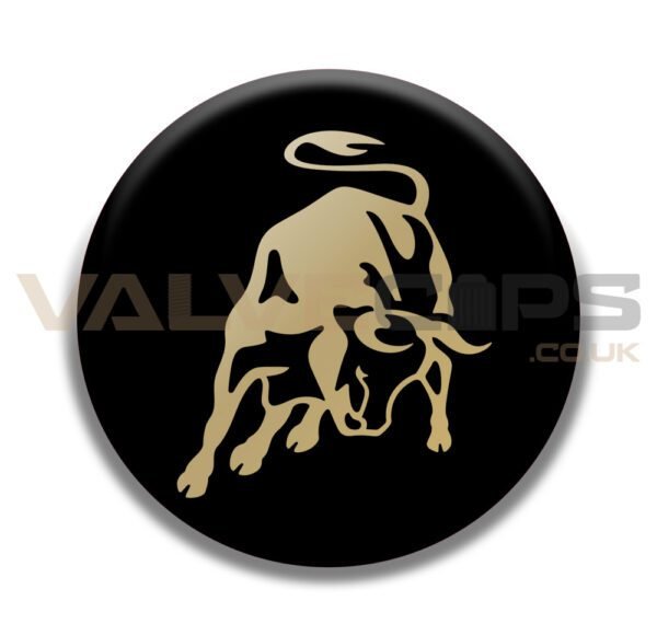 This image contains a Lamborghini Raging Bull design valve cap badge
