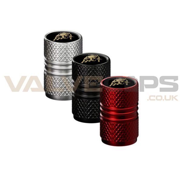 This image contains three Lamborghini Sport Design valve caps in three different anodised colour options.