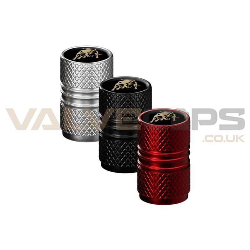 This image contains three Lamborghini Sport Design valve caps in three different anodised colour options.