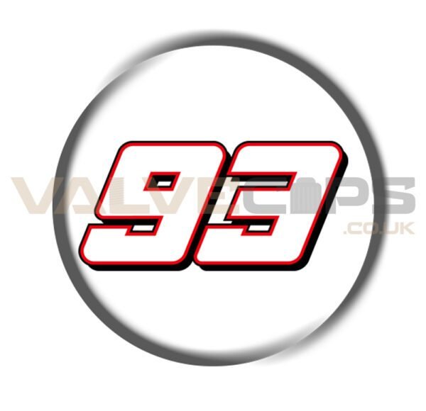 This image shows a limited edition Marc Marquez number 93 valve cap badge