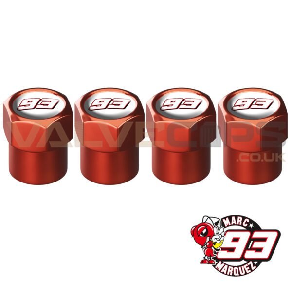 A set of 4 Marc Marquez Special Edition 93 valve caps in red