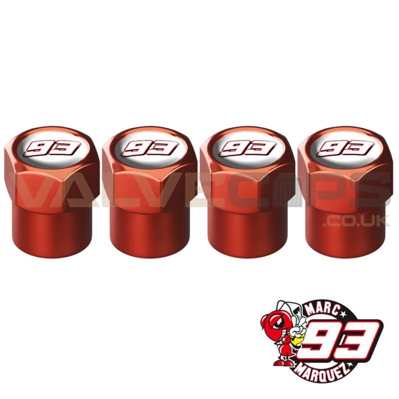 A set of 4 Marc Marquez Special Edition 93 valve caps in red